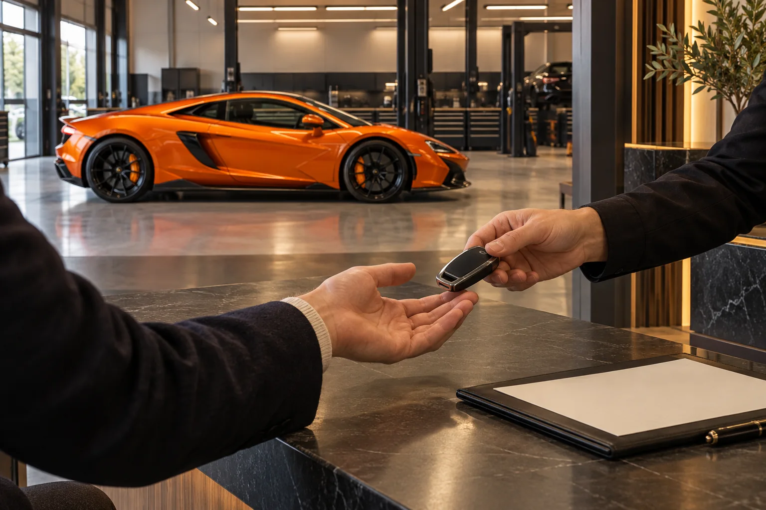Editorial illustration of a car key handover at a specialist workshop counter with an orange supercar in the service bay