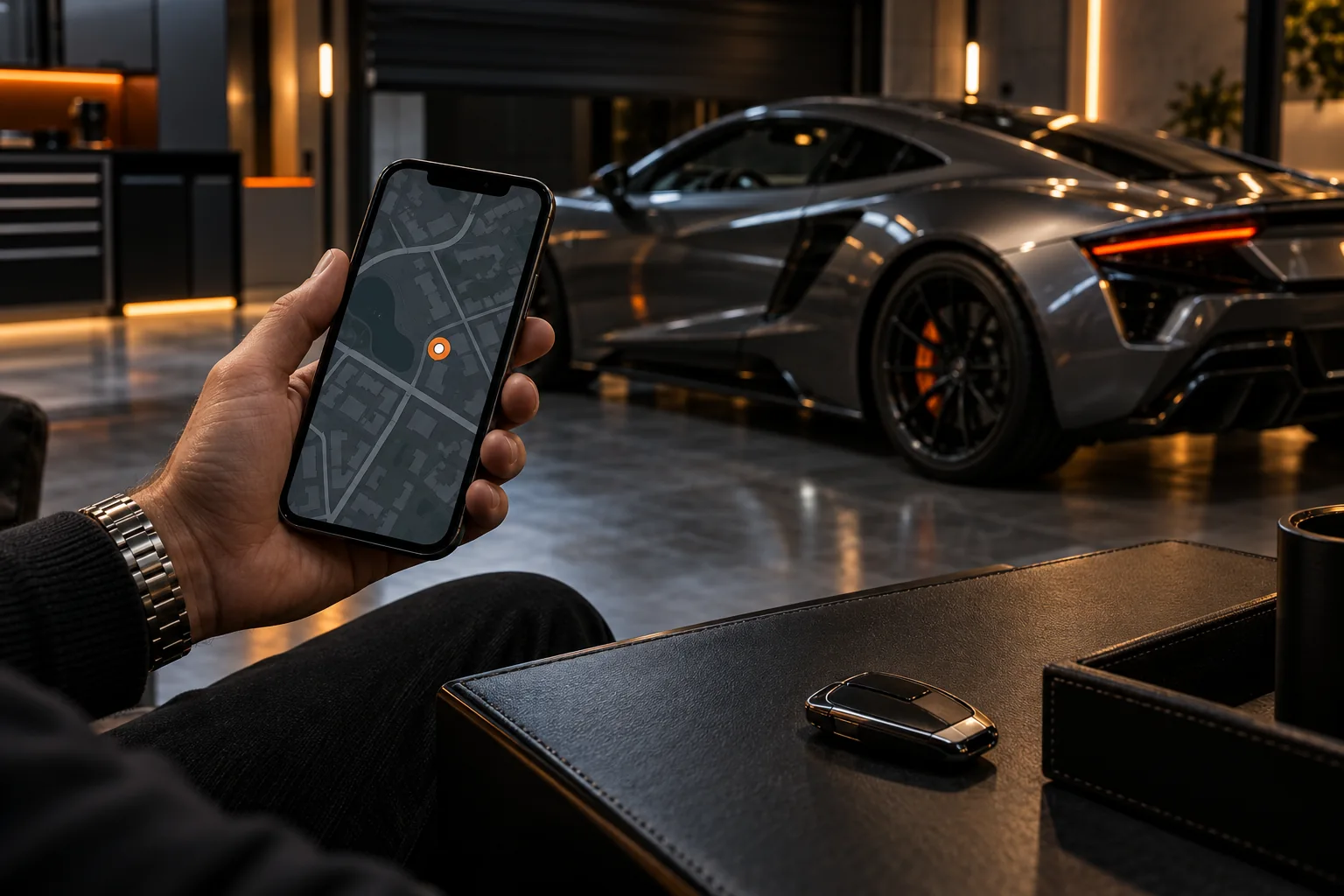 Editorial illustration of an owner holding a phone with a generic map in a garage with a silver sports car