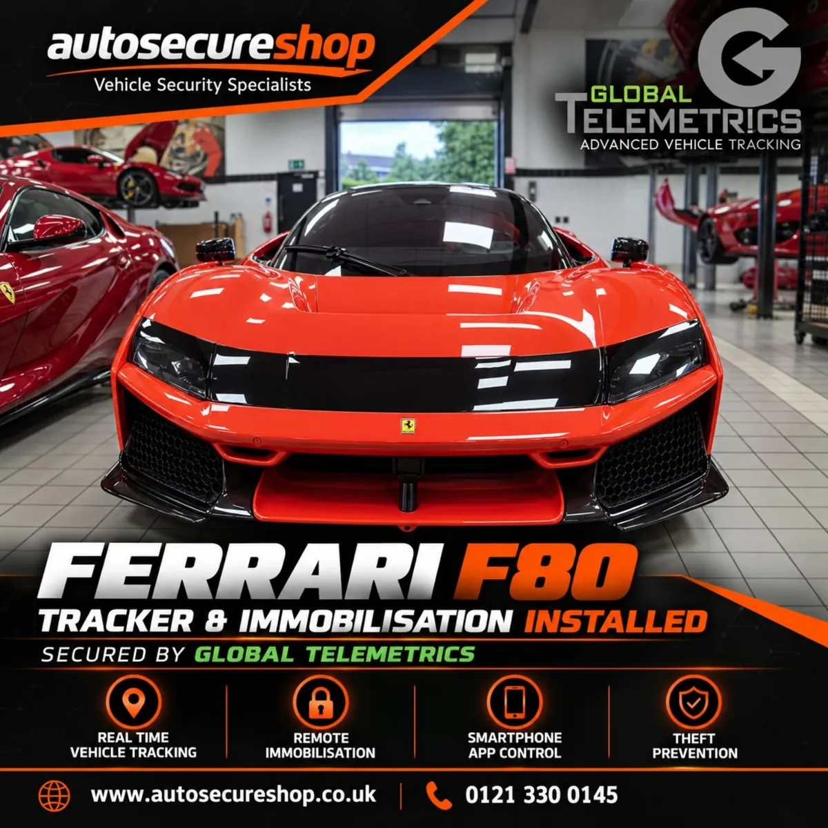 Ferrari F80 front view in dealer workshop, Autosecureshop tracker and immobilisation installation graphic