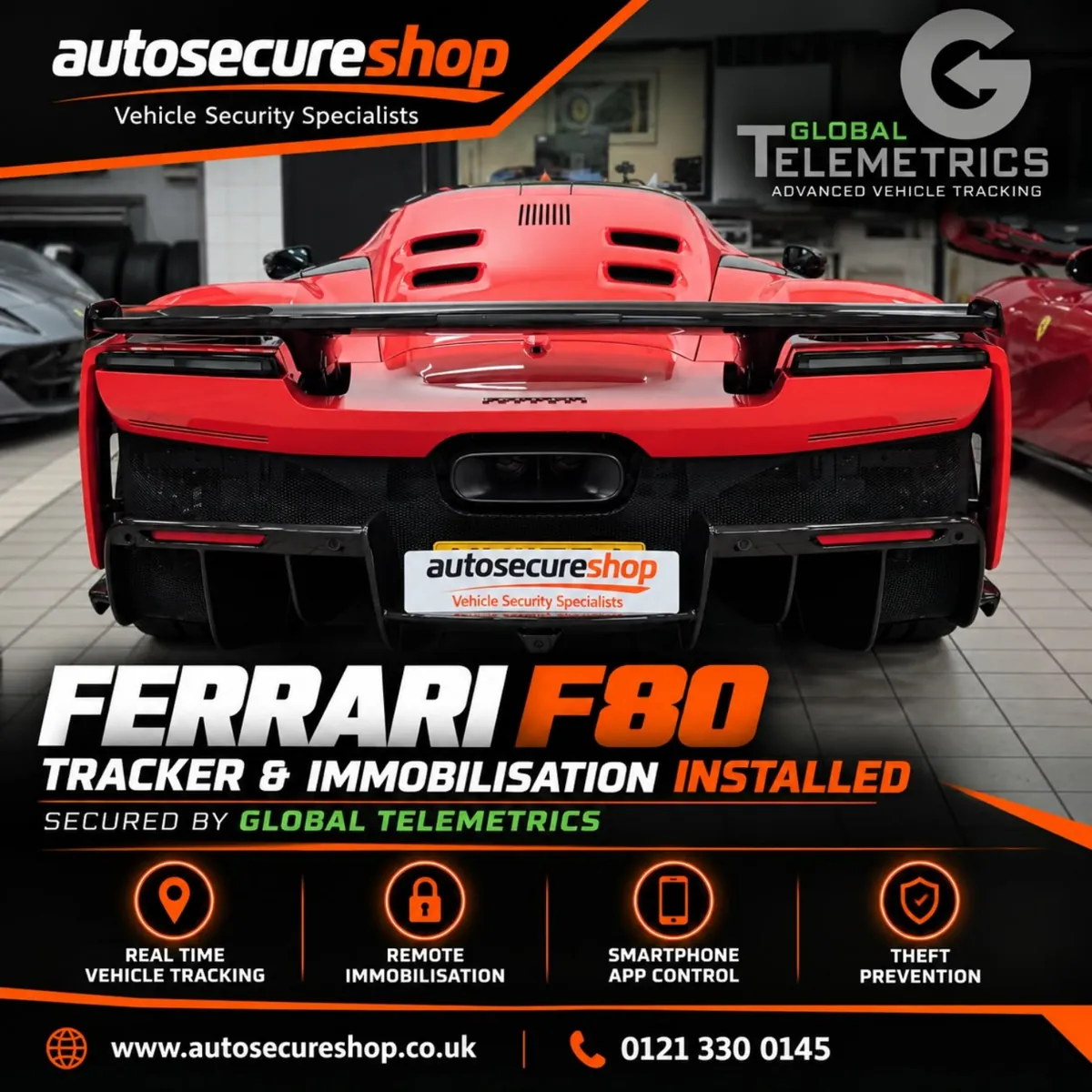 Ferrari F80 rear view in dealer workshop, Autosecureshop tracker and immobilisation installation graphic